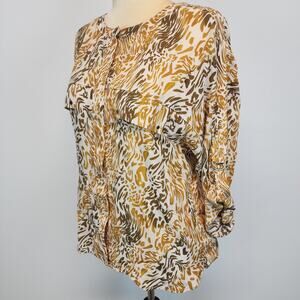Robert Graham Zebra Print Silk Blouse Size L Orange Tab Sleeves Button Up Office
